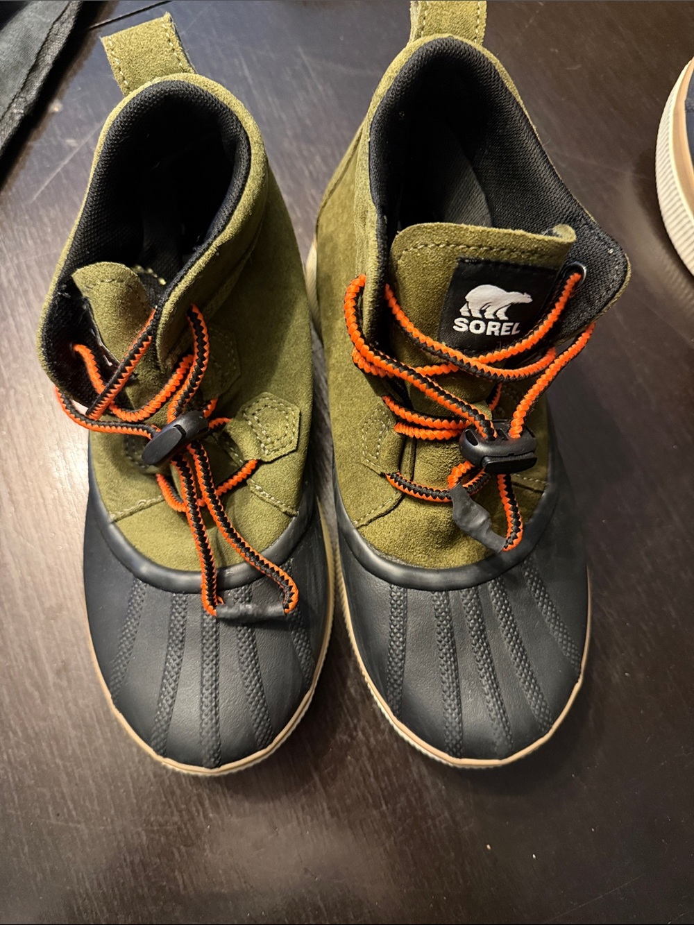 Sorel Kids Olive Green and Black Outdoor Duck Boots with Orange Laces